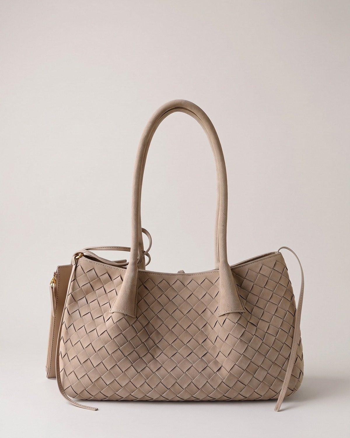 Wildfool The Arezzo Woven Tote in Taupe, taupe woven suede-finish tote with long handles