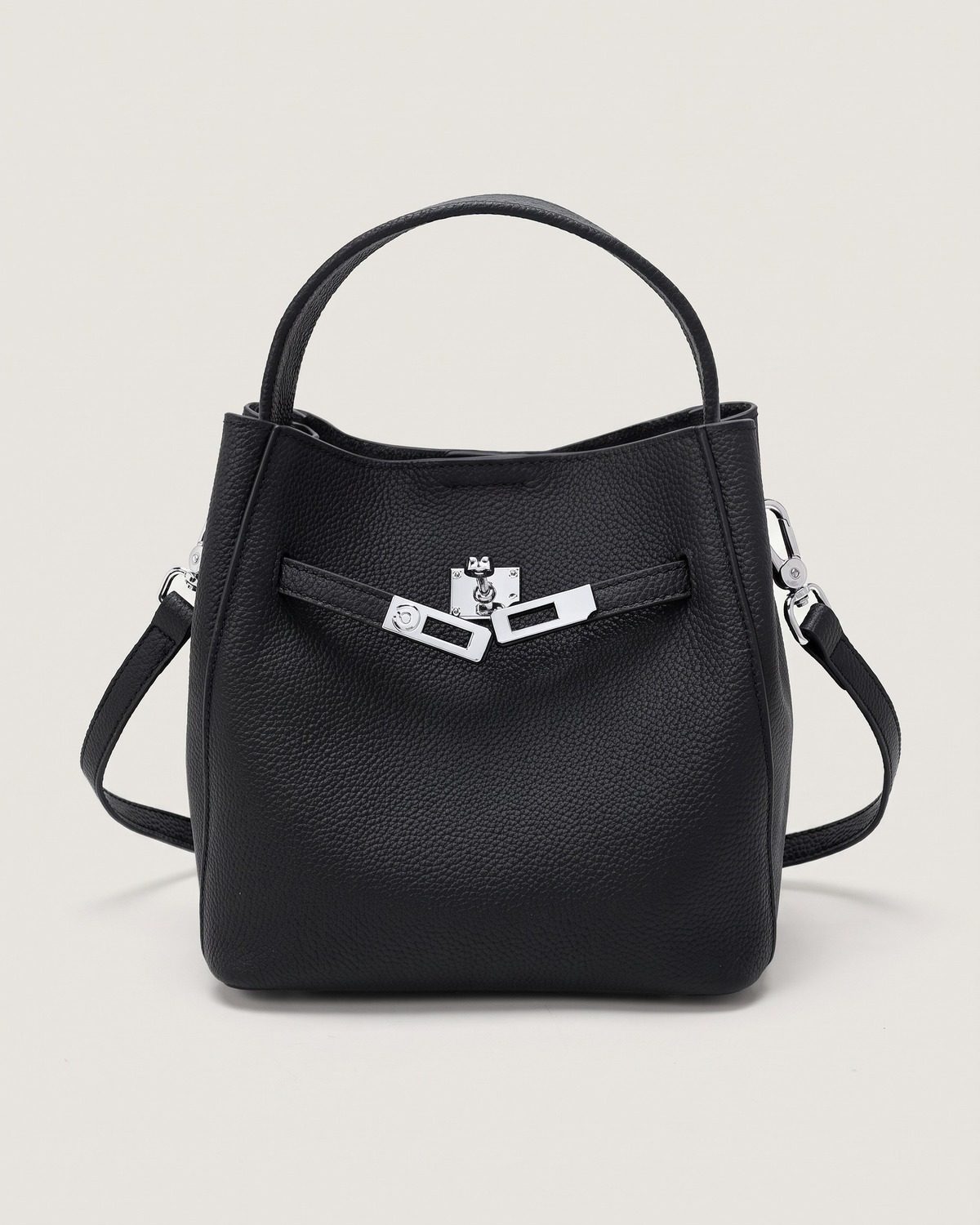 Wildfool The Orvieto Mini Bucket in Black, black pebbled leather mini bucket with silver-tone turn lock and belt