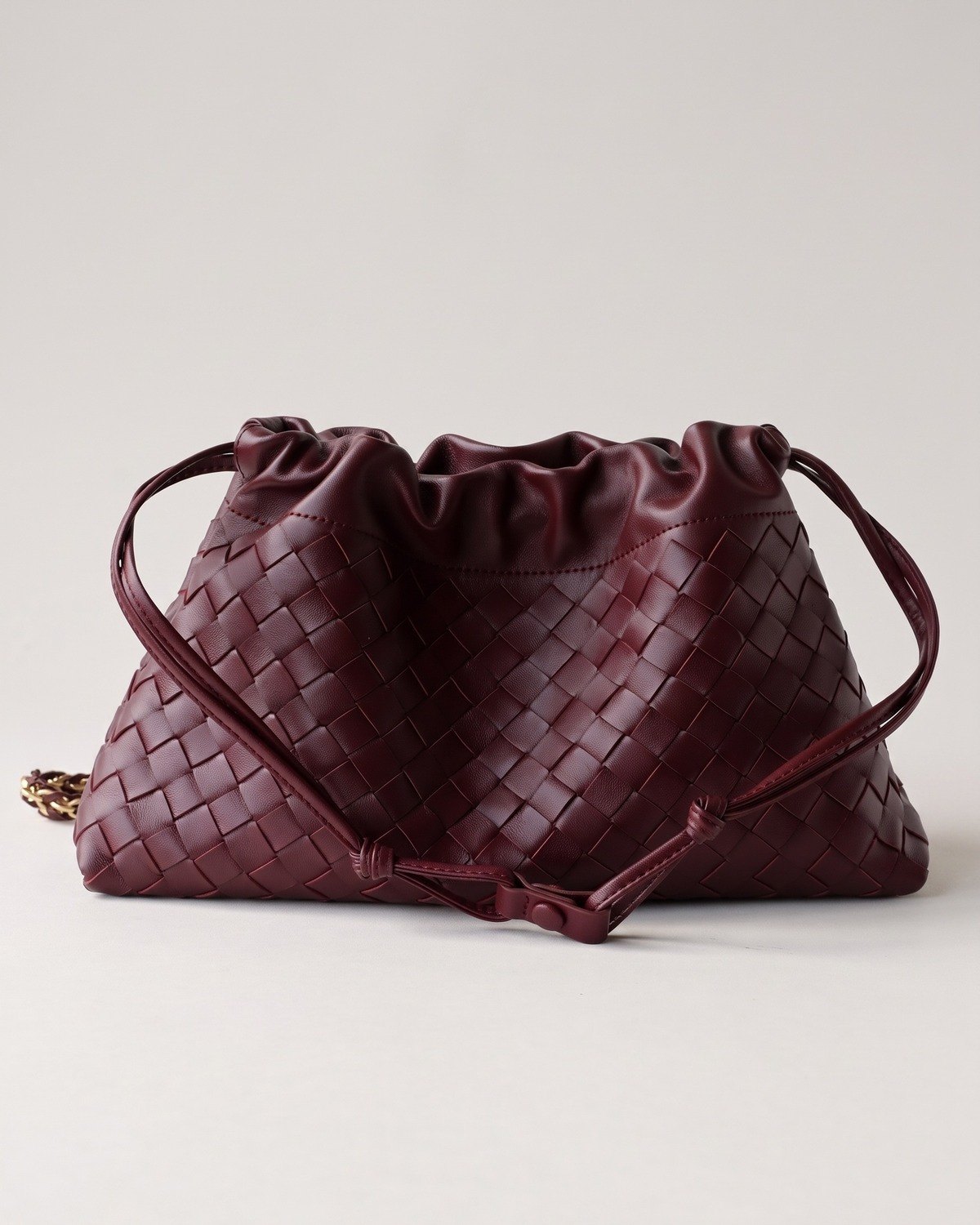 Wildfool The Assisi Chain Pouch in Burgundy, burgundy woven lambskin cloud bag with chain strap