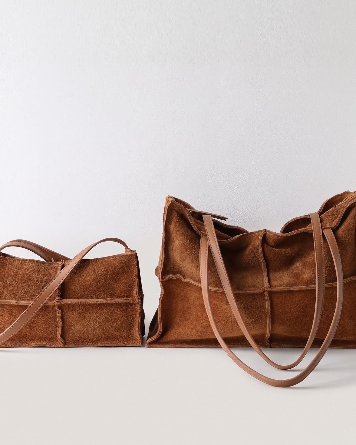 Wildfool The Urbino Patchwork Tote in Caramel, warm tan suede-finish patchwork tote with a zip top