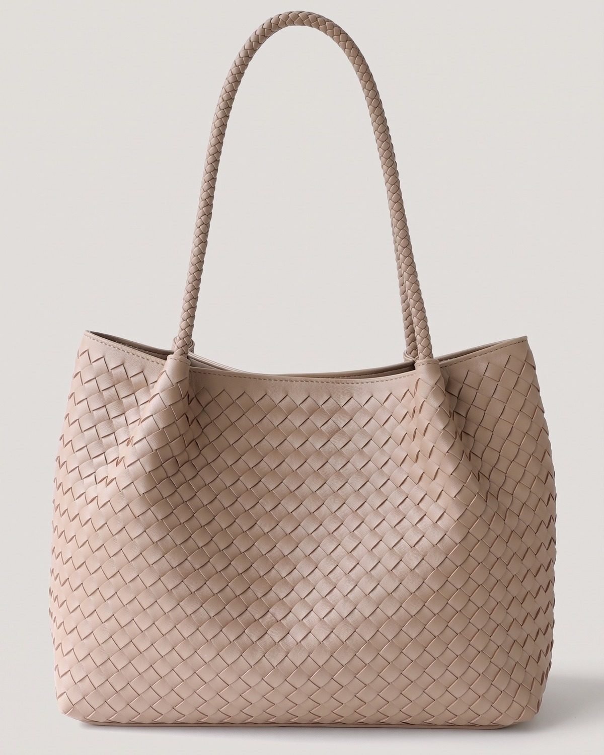 Wildfool The Vicenza Woven Tote in Sand, sand beige wide-strip woven tote with pouch