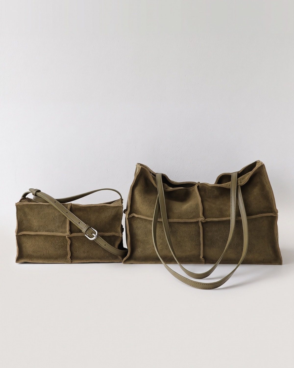 Wildfool The Urbino Patchwork Tote in Olive, olive green suede-finish patchwork tote bag