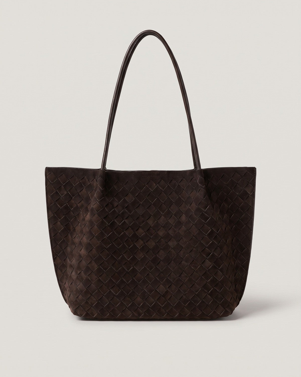 Wildfool The Perugia Woven Tote in Chocolate, chocolate brown woven suede-finish tote bag with pouch