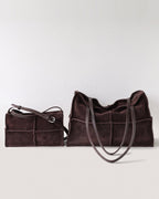 Wildfool The Urbino Patchwork Tote in Espresso, dark brown brushed cowhide patchwork tote with raw-edge seams