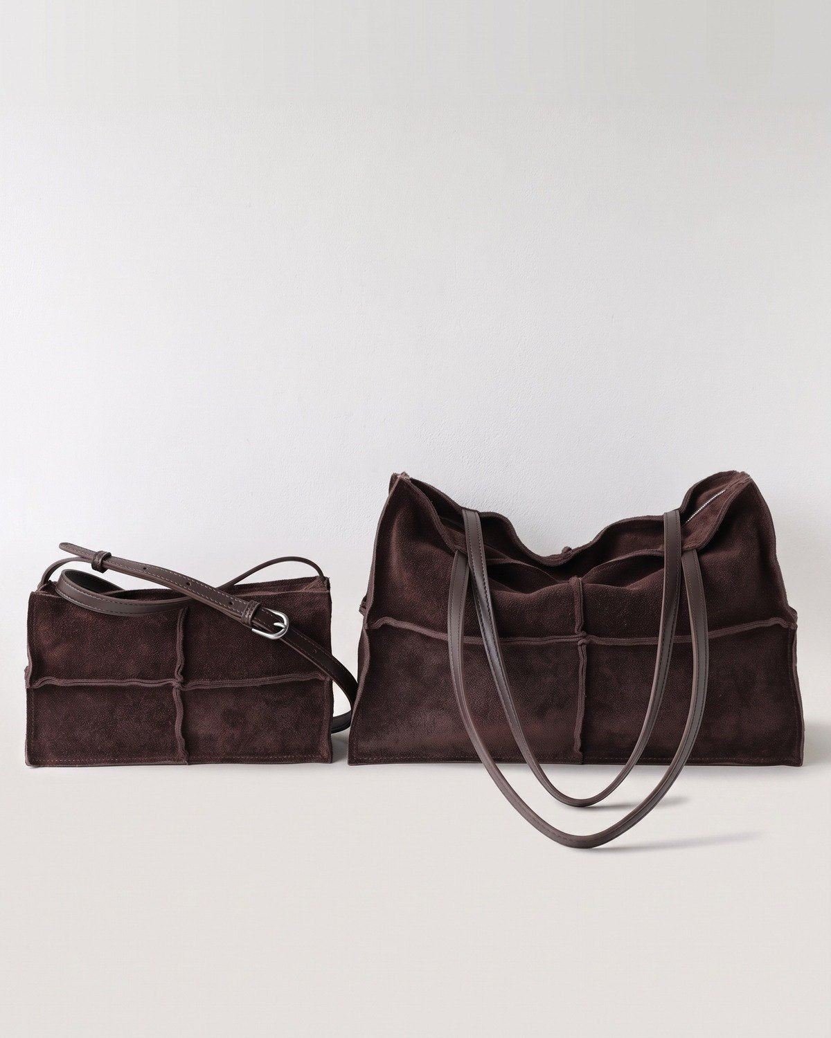 Wildfool The Urbino Patchwork Tote in Espresso, dark brown brushed cowhide patchwork tote with raw-edge seams