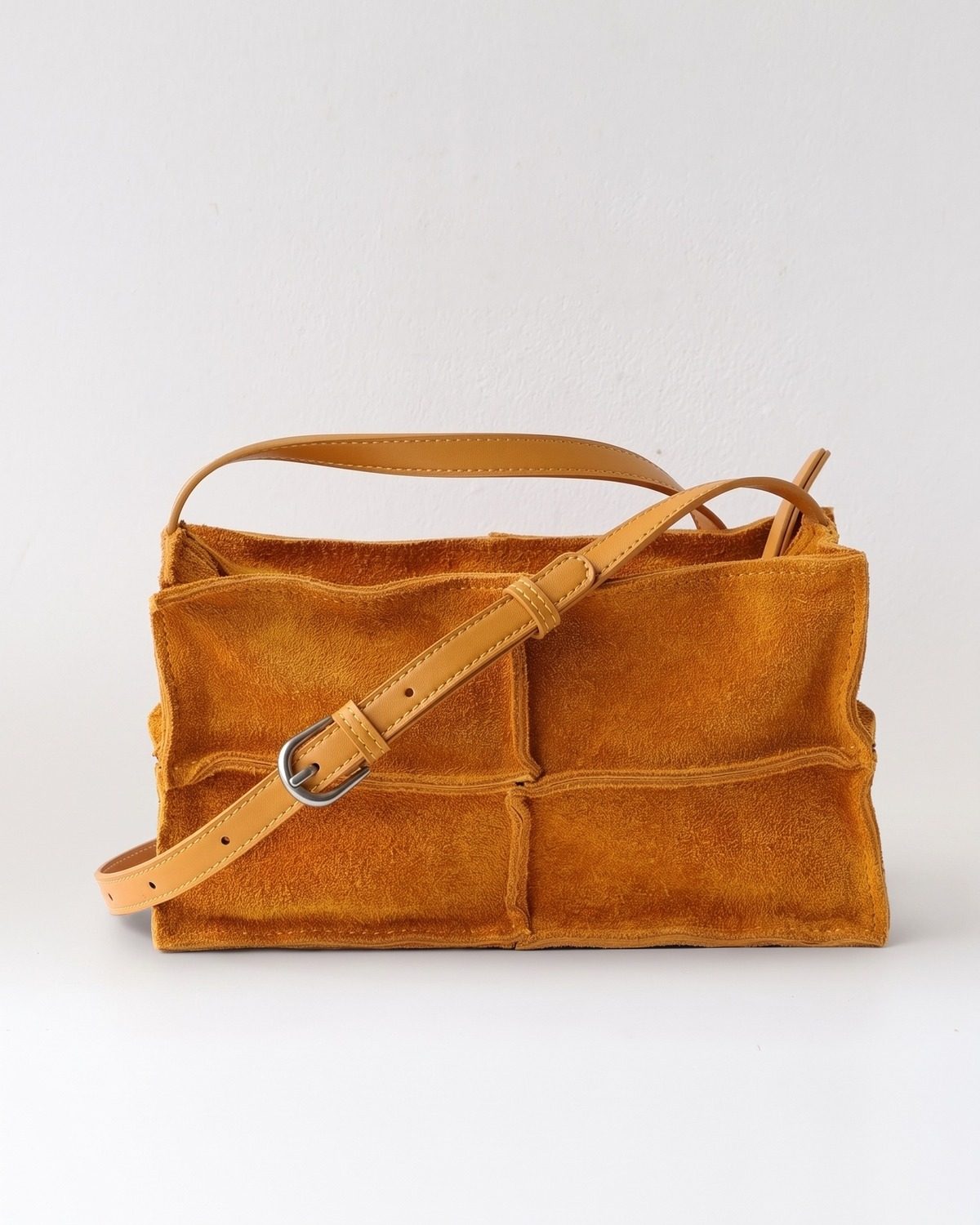 Wildfool The Urbino Patchwork Tote in Mustard, mustard yellow suede-finish patchwork crossbody tote