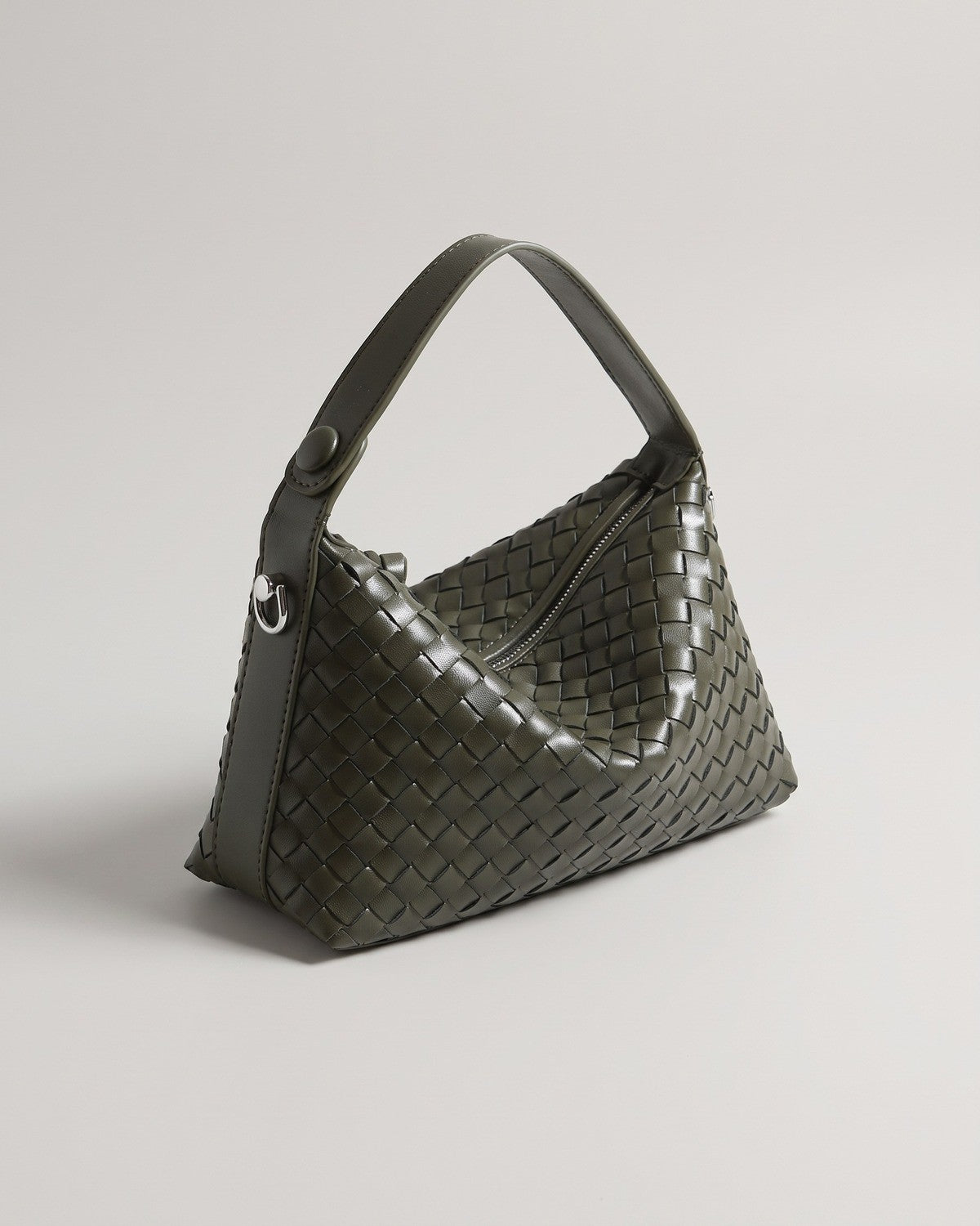 Wildfool The Parma Woven Mini Hobo in Olive, deep olive woven leather zip-top mini bag
