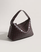 Wildfool The Parma Woven Mini Hobo in Espresso, dark brown woven cowhide mini bag with zip top