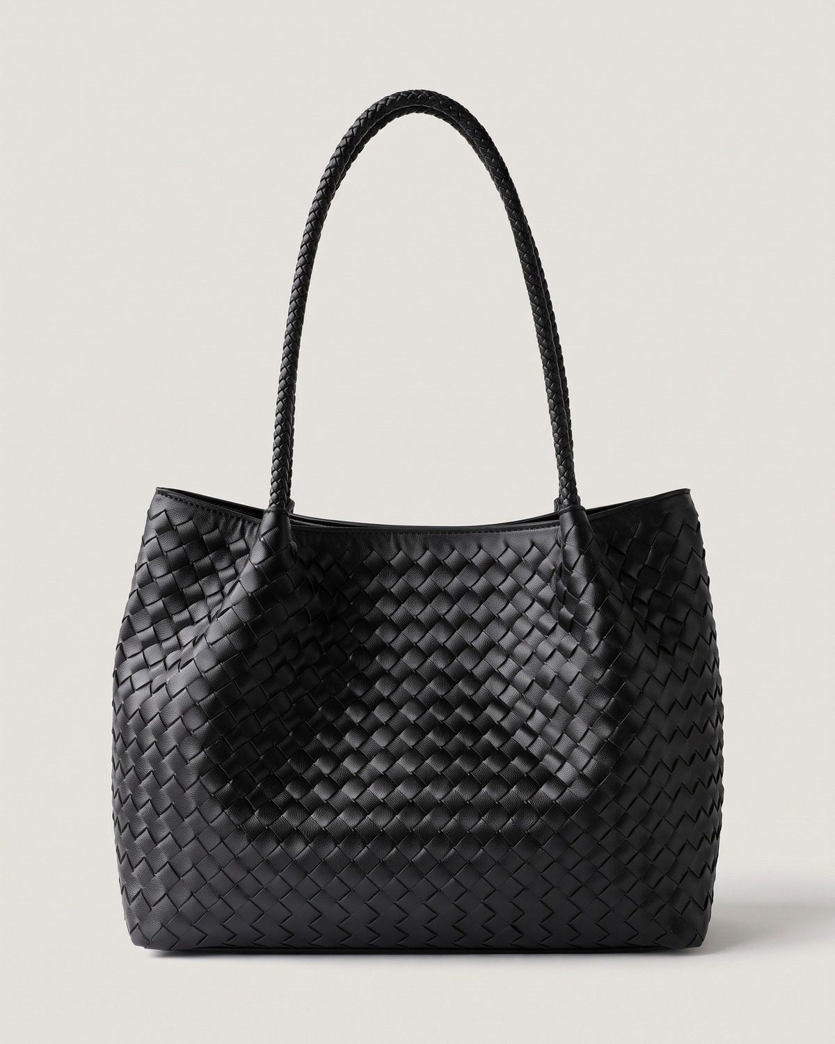 Wildfool The Vicenza Woven Tote in Black, black wide-strip woven tote with smooth base