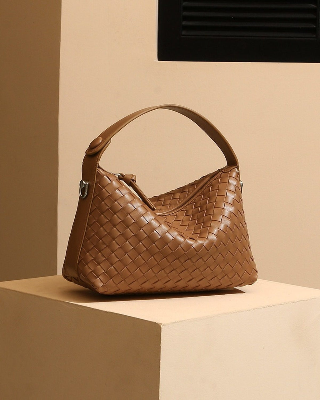 Wildfool The Parma Woven Mini Hobo in Caramel, three-quarter view