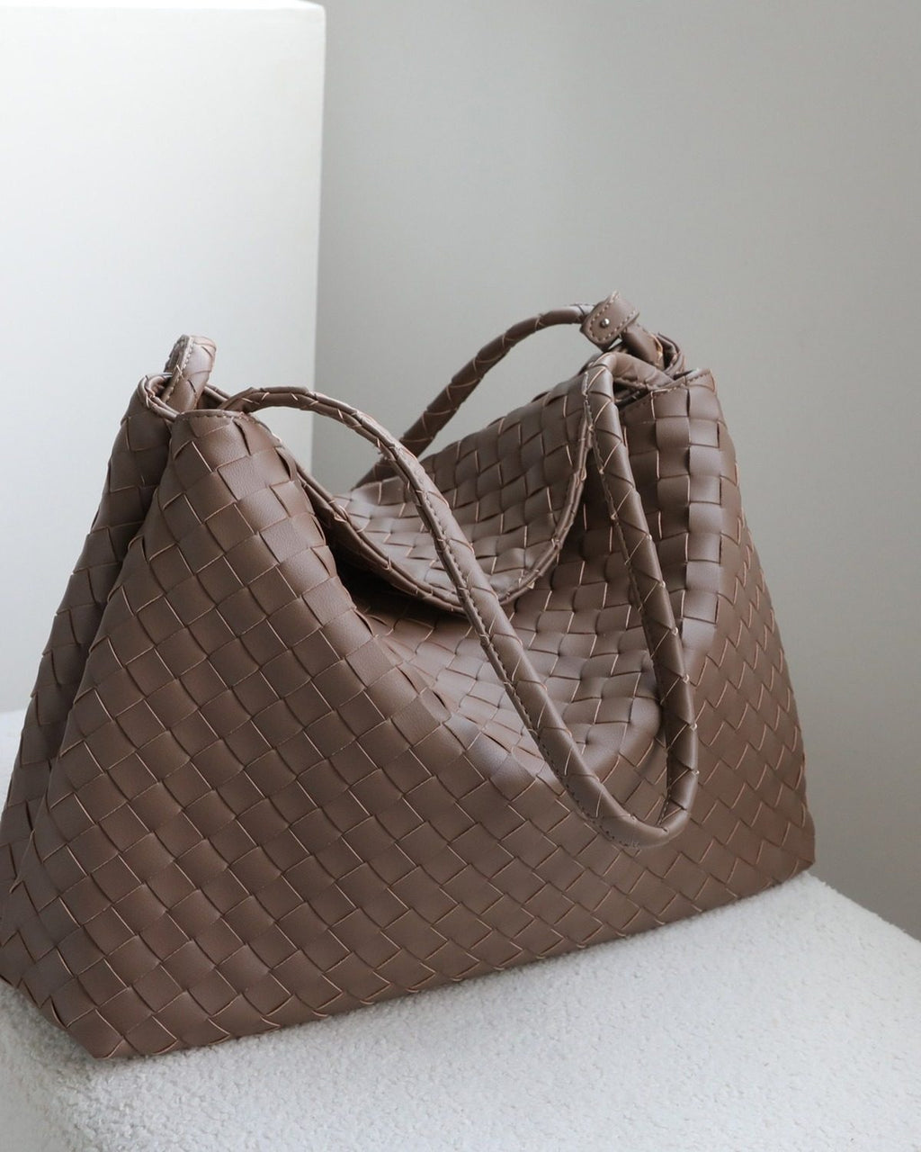 Wildfool The Treviso Woven Hobo in Taupe, three-quarter view