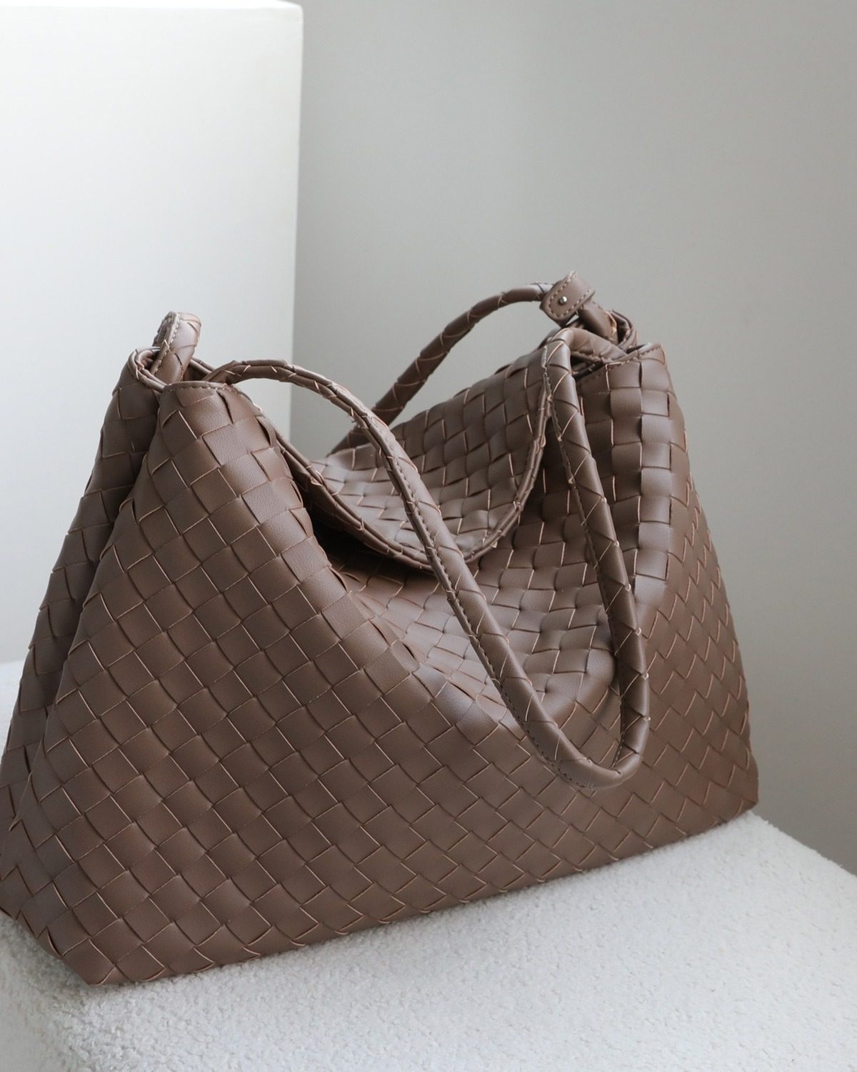 Wildfool The Treviso Woven Hobo in Taupe, three-quarter view