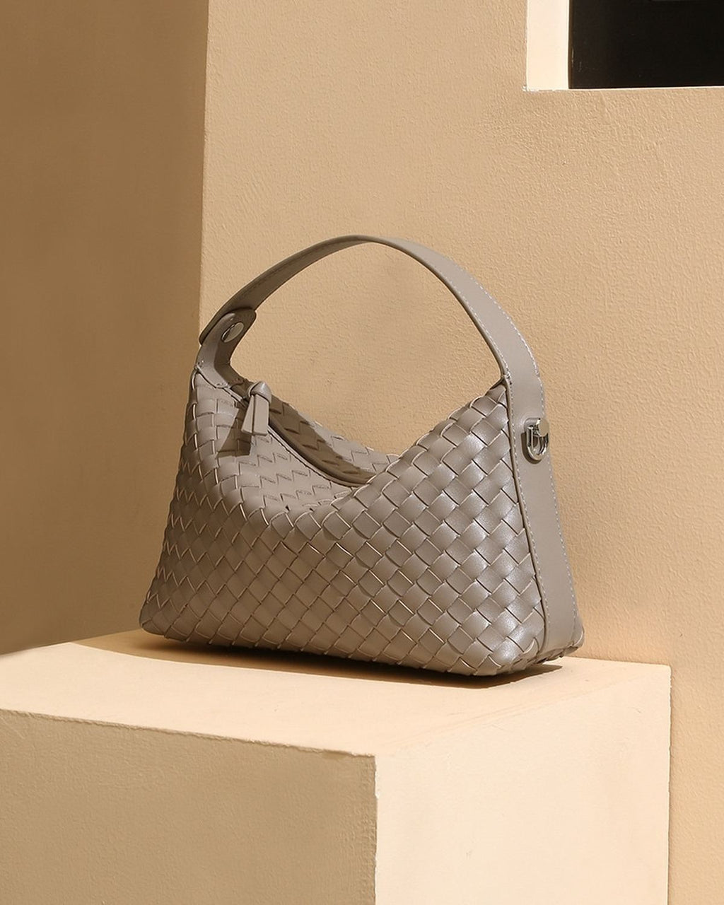 Wildfool The Parma Woven Mini Hobo in Grey, three-quarter view