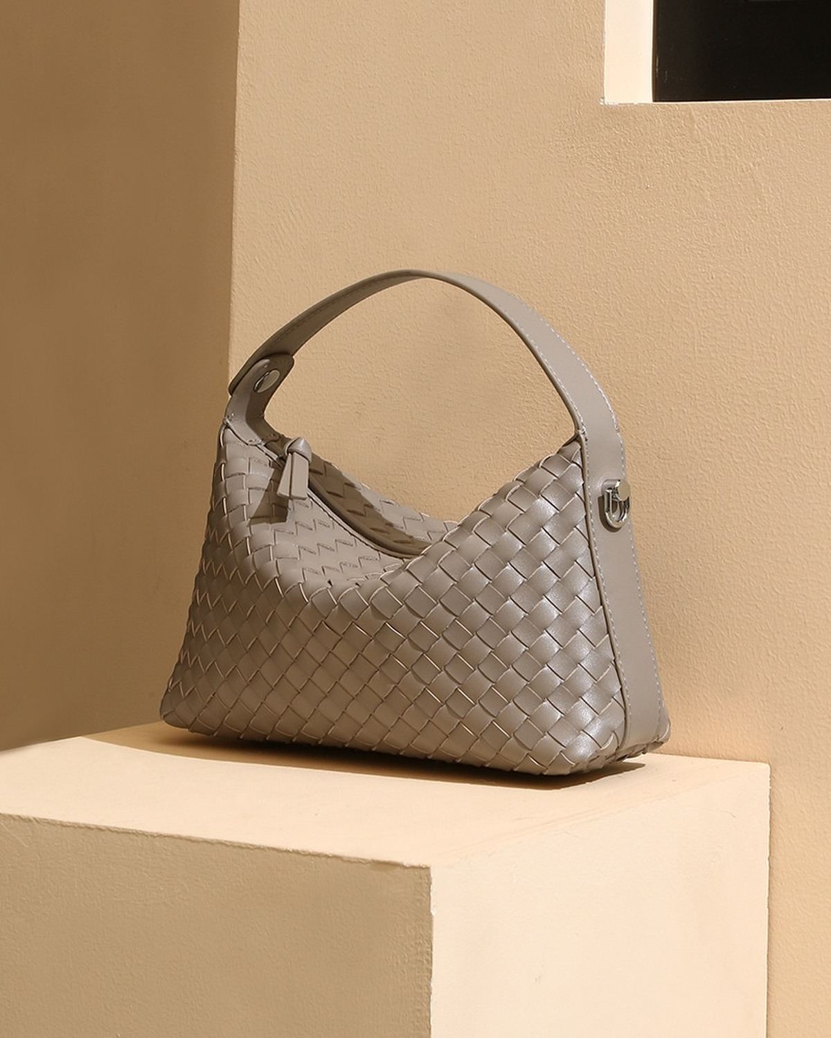 Wildfool The Parma Woven Mini Hobo in Grey, three-quarter view