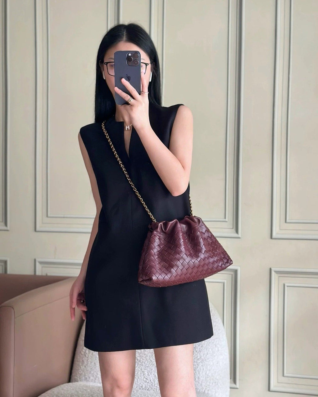 Wildfool The Assisi Chain Pouch in Burgundy, worn crossbody