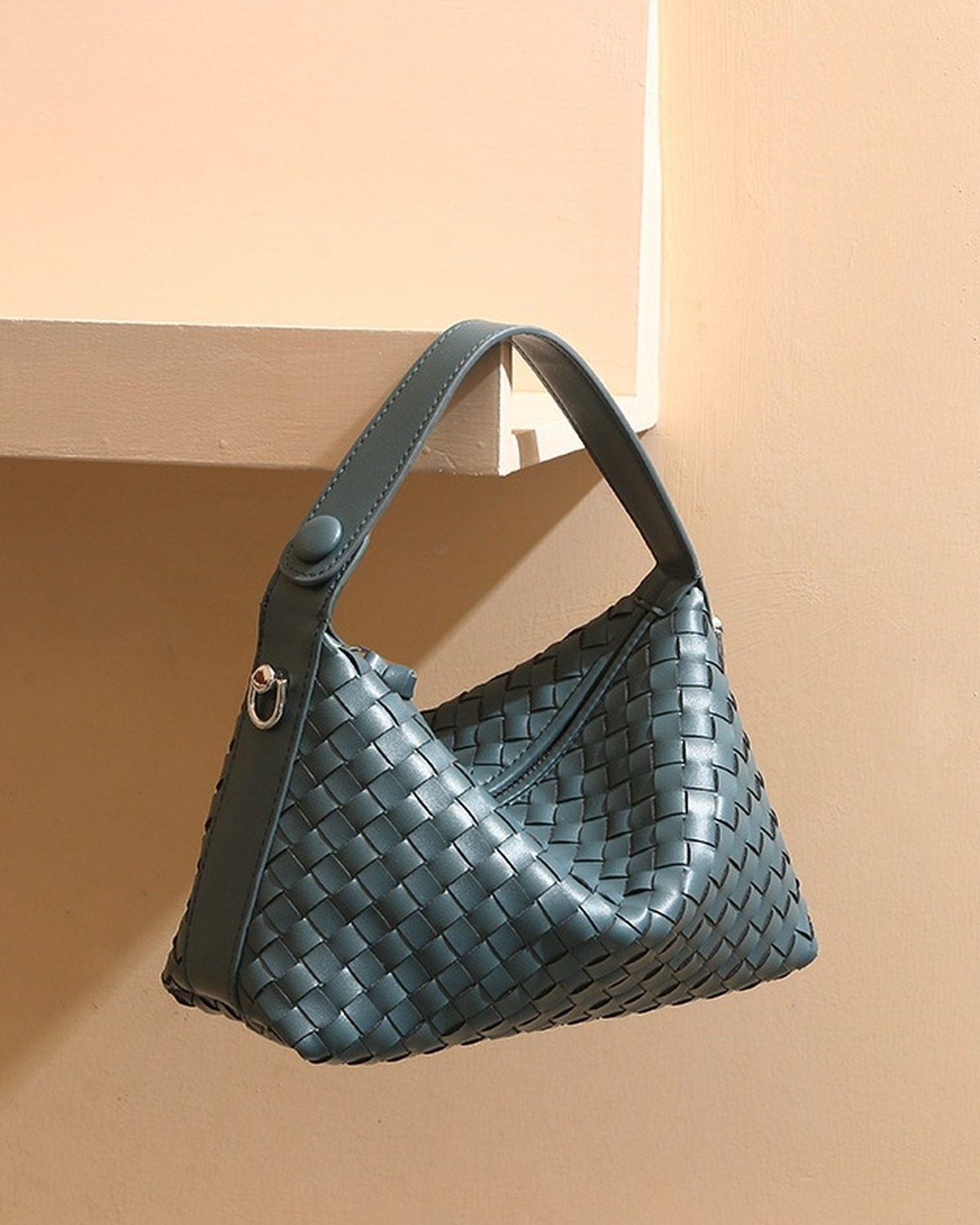 Wildfool The Parma Woven Mini Hobo in Dusty Blue, three-quarter view
