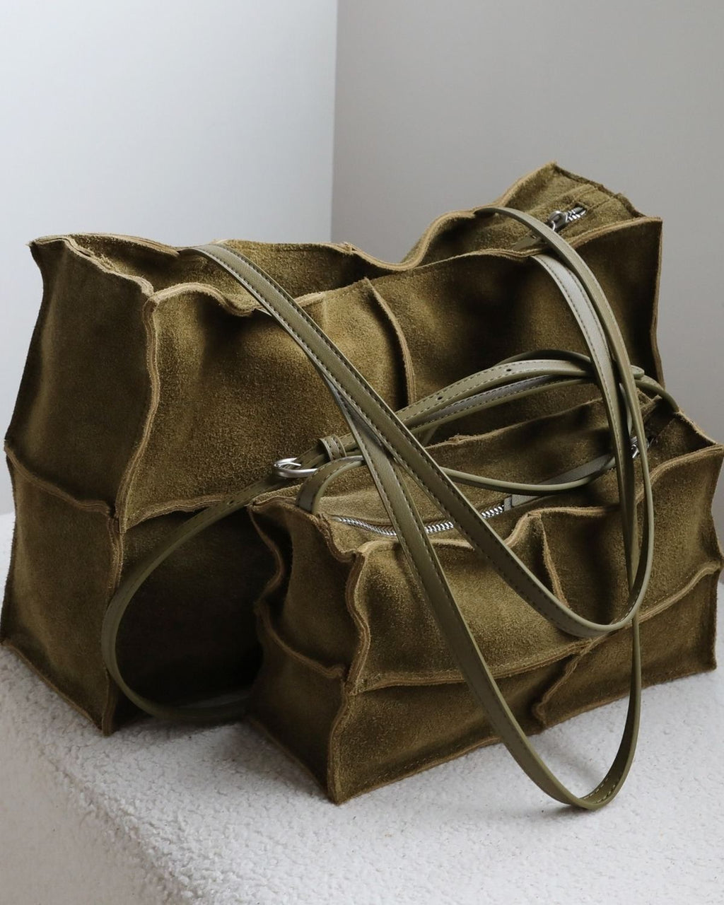 Wildfool The Urbino Patchwork Tote in Olive, top view, open