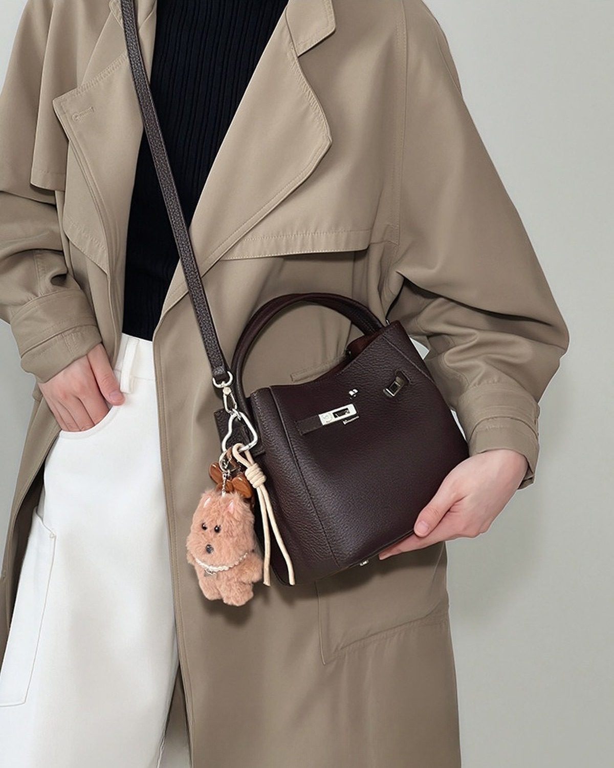 Wildfool The Orvieto Mini Bucket in Espresso, worn crossbody (2)