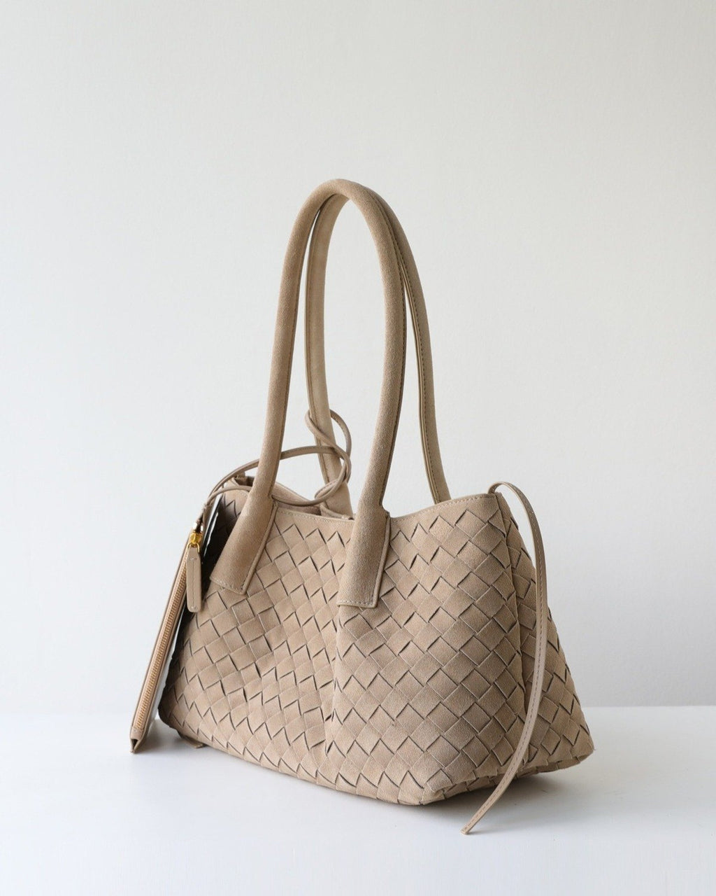 Wildfool The Arezzo Woven Tote in Taupe, three-quarter view