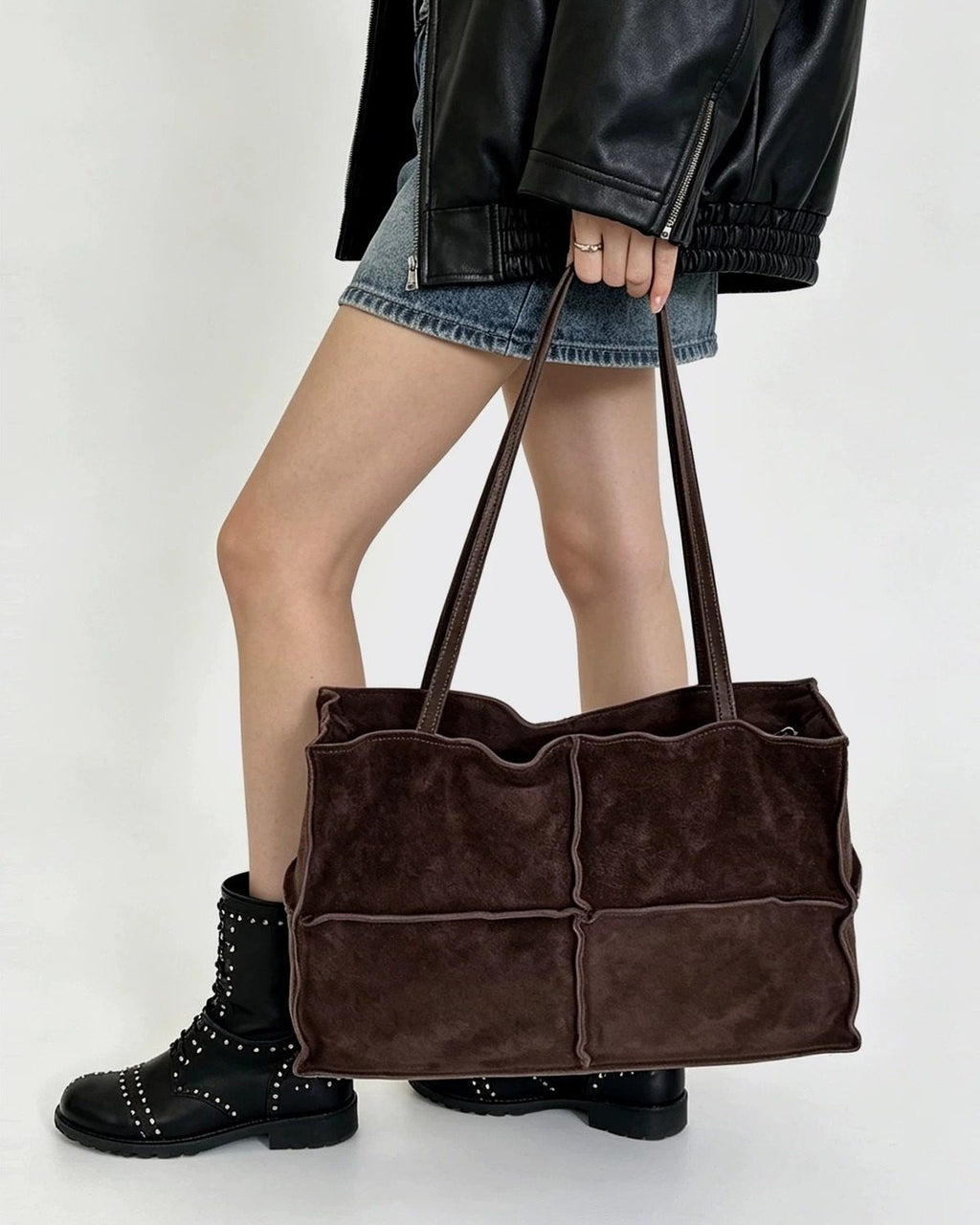 Wildfool The Urbino Patchwork Tote in Espresso, carried by hand (2)