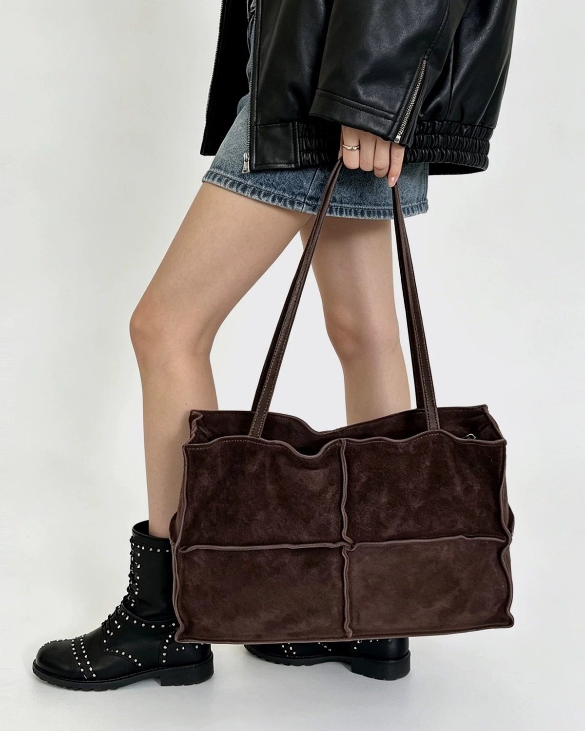 Wildfool The Urbino Patchwork Tote in Espresso, carried by hand (2)