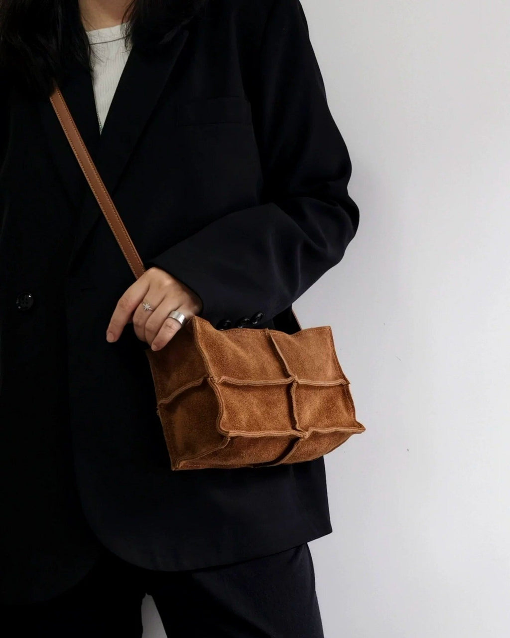 Wildfool The Urbino Patchwork Tote in Caramel, worn crossbody