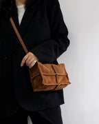 Wildfool The Urbino Patchwork Tote in Caramel, worn crossbody