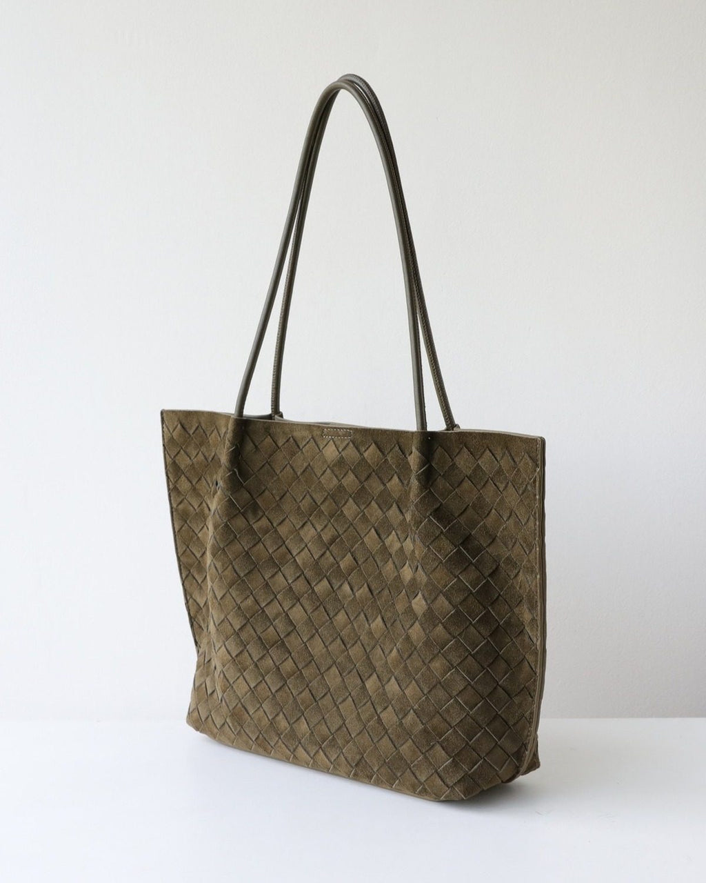 Wildfool The Perugia Woven Tote in Olive, three-quarter view