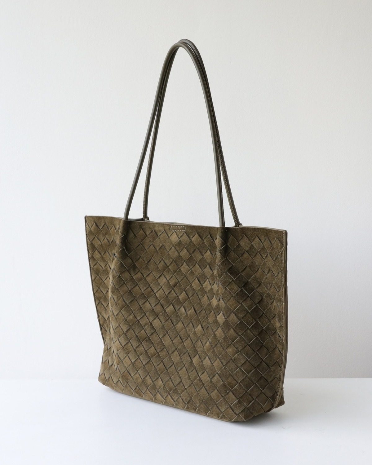 Wildfool The Perugia Woven Tote in Olive, three-quarter view
