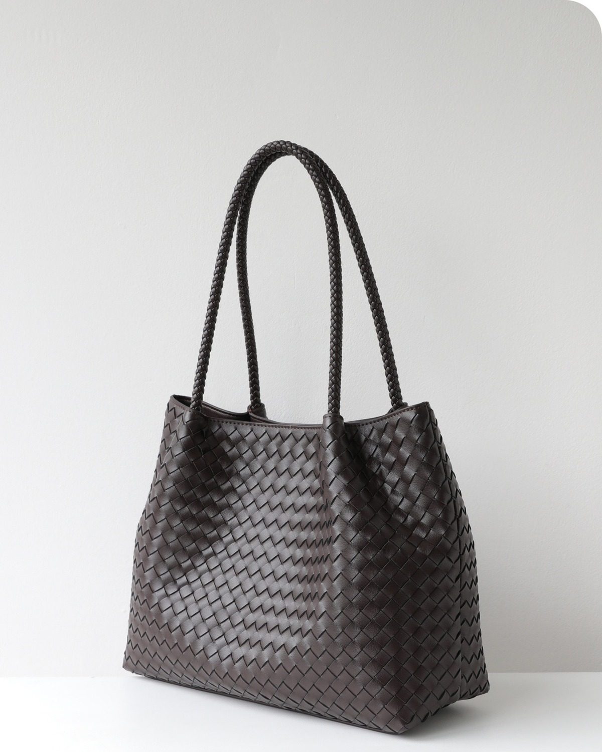 Wildfool The Vicenza Woven Tote in Espresso, three-quarter view