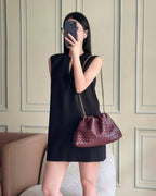 Wildfool The Assisi Chain Pouch in Burgundy, worn on the shoulder (2)