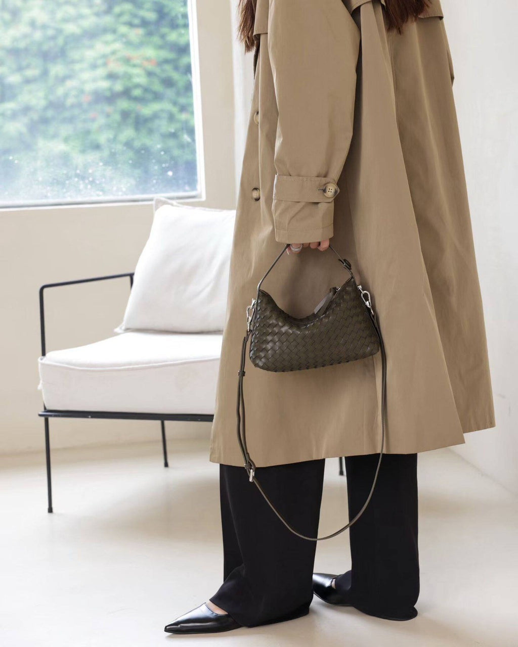 Wildfool The Parma Woven Mini Hobo in Olive, carried by hand