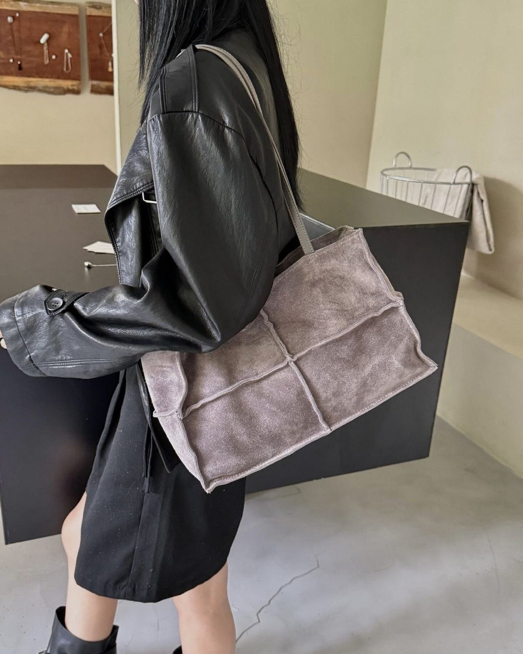 Wildfool The Urbino Patchwork Tote in Grey, worn on the shoulder