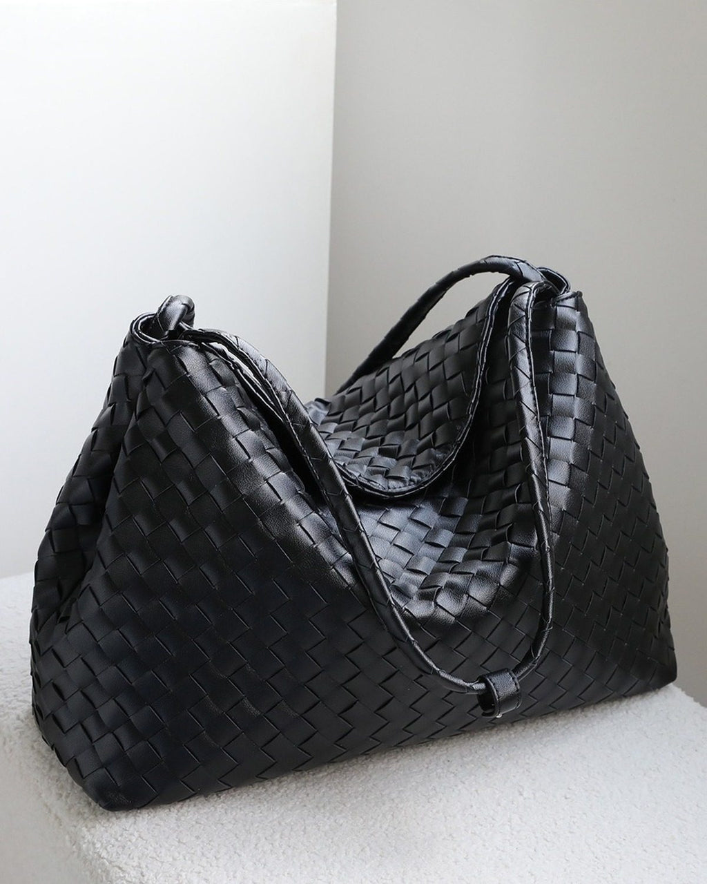 Wildfool The Treviso Woven Hobo in Black, three-quarter view
