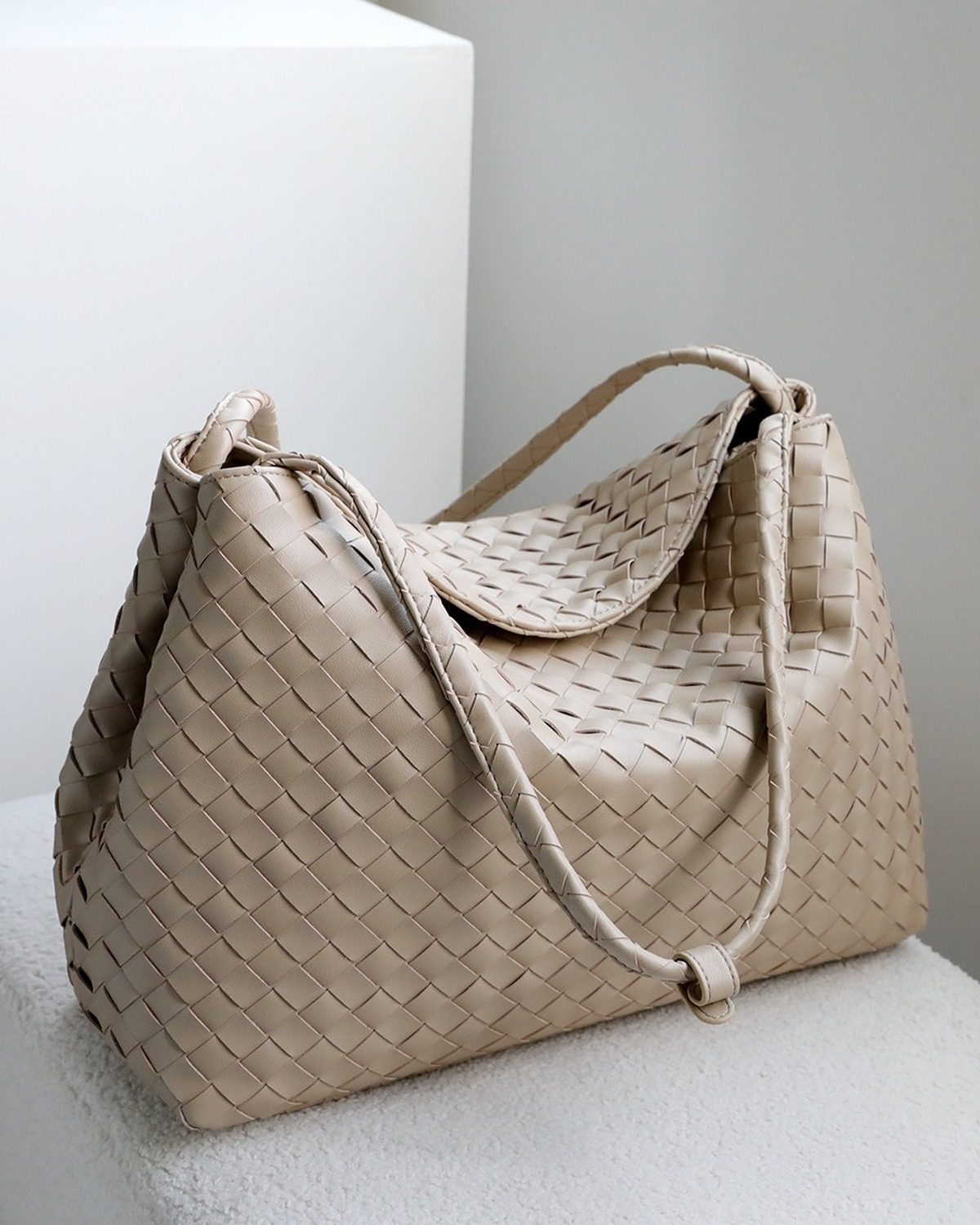 Wildfool The Treviso Woven Hobo in Beige, three-quarter view