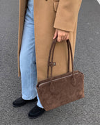 Wildfool The Padova Shoulder Tote in Chocolate, worn on the shoulder