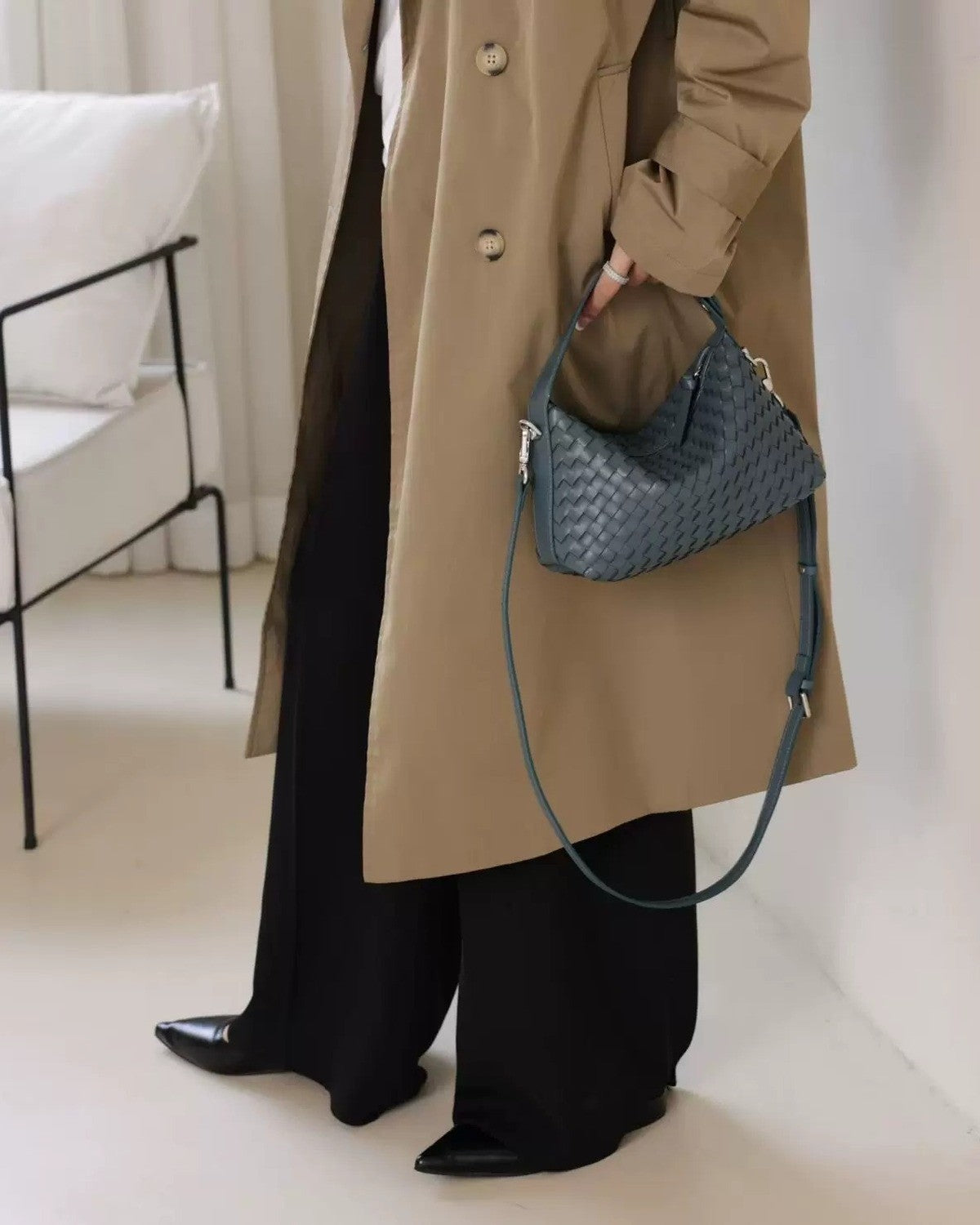 Wildfool The Parma Woven Mini Hobo in Dusty Blue, carried by hand