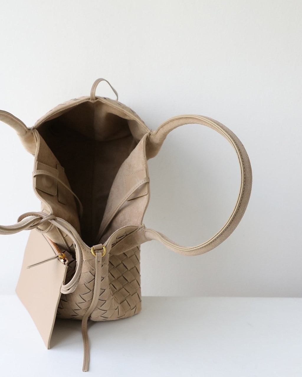 Wildfool The Arezzo Woven Tote in Taupe, top view, open