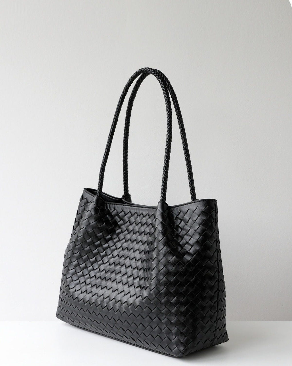 Wildfool The Vicenza Woven Tote in Black, three-quarter view