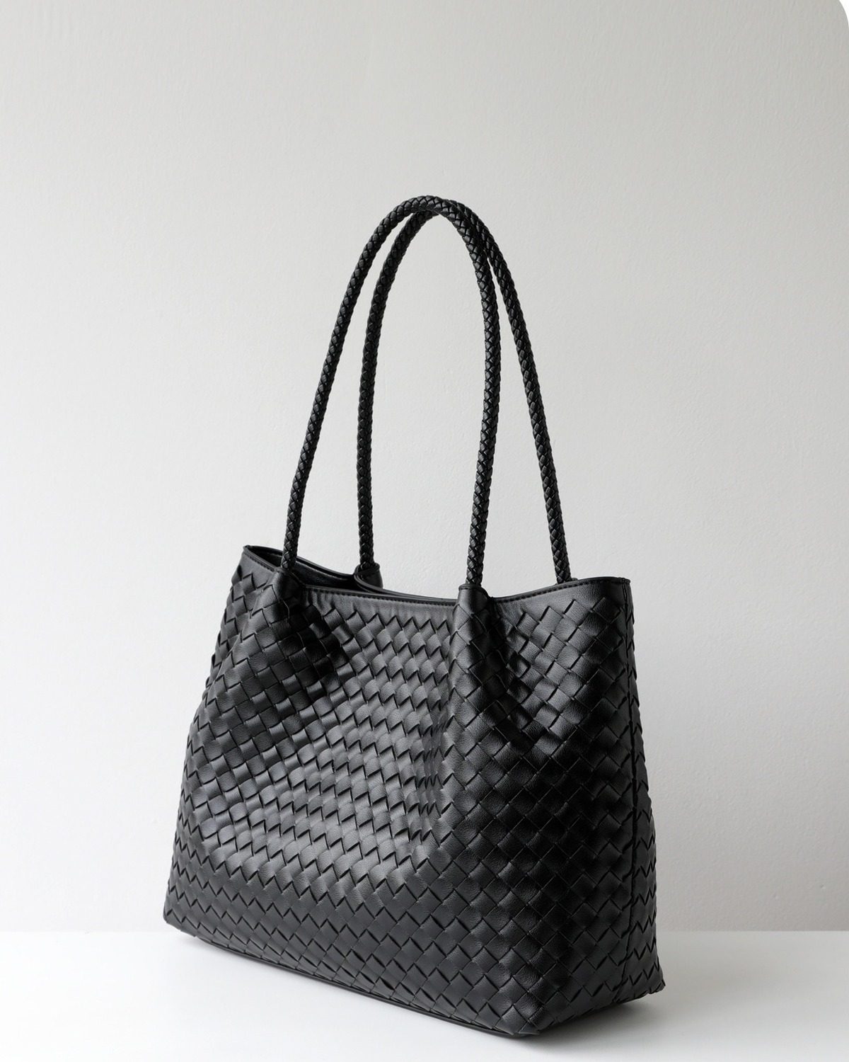 Wildfool The Vicenza Woven Tote in Black, three-quarter view