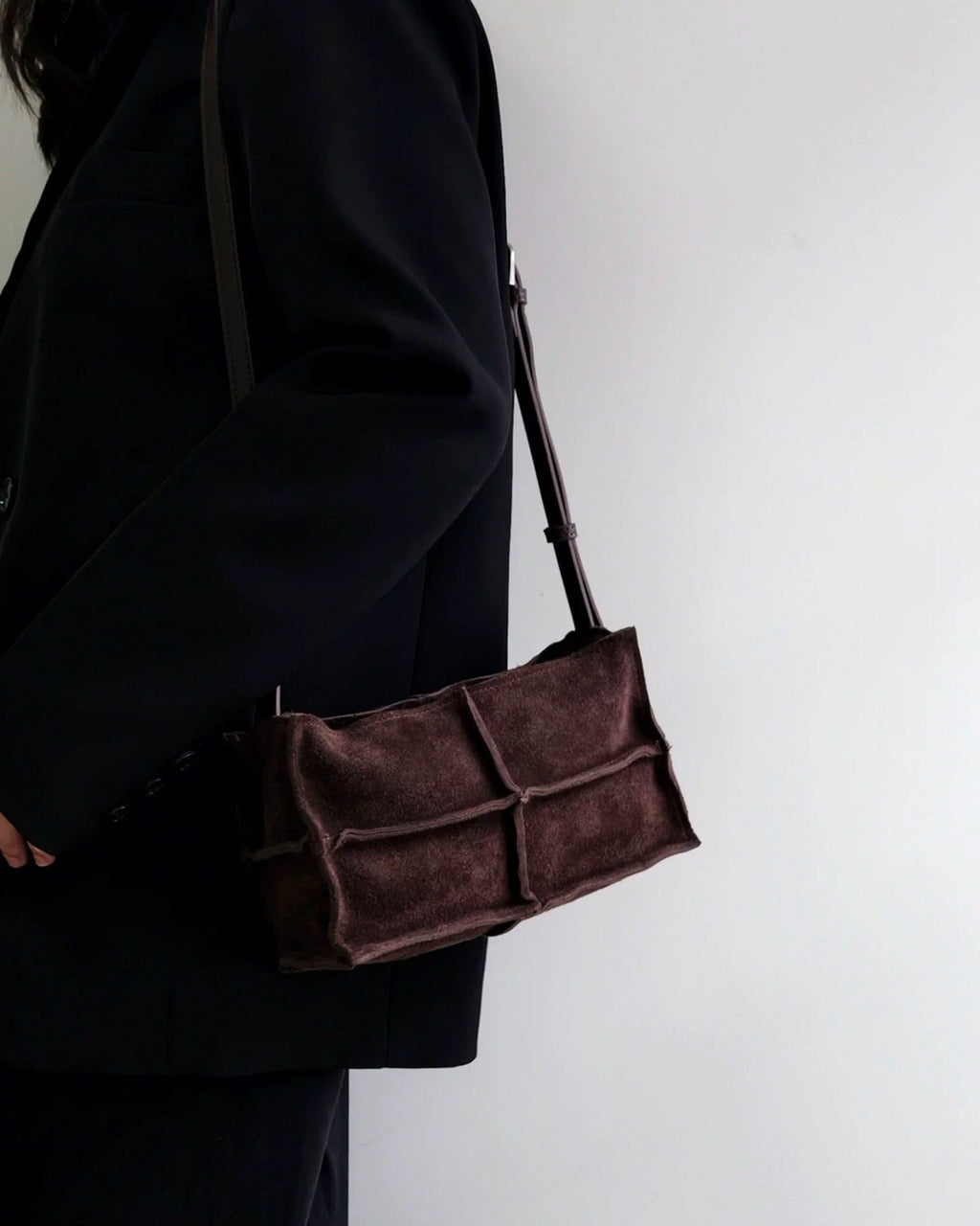 Wildfool The Urbino Patchwork Tote in Espresso, worn on the shoulder