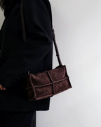 Wildfool The Urbino Patchwork Tote in Espresso, worn on the shoulder