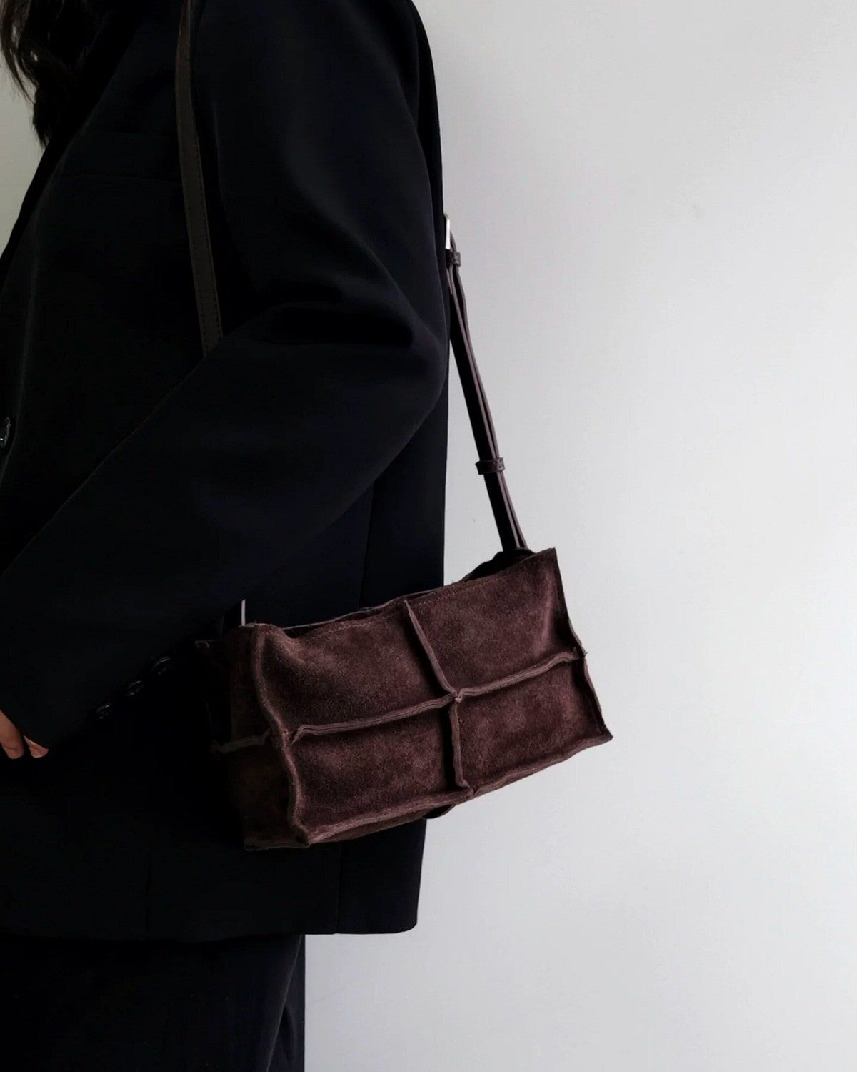 Wildfool The Urbino Patchwork Tote in Espresso, worn on the shoulder
