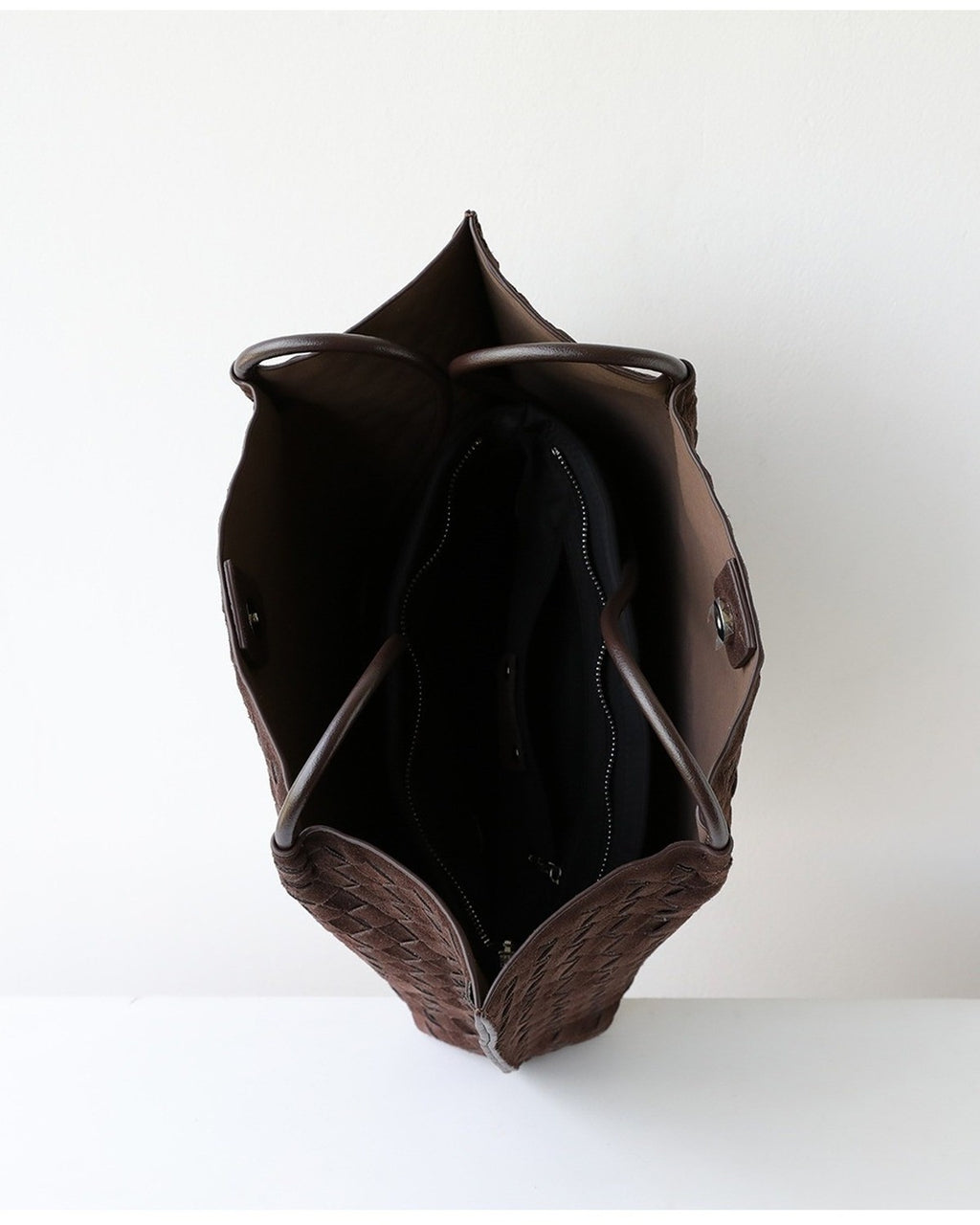 Wildfool The Perugia Woven Tote in Chocolate, top view, open