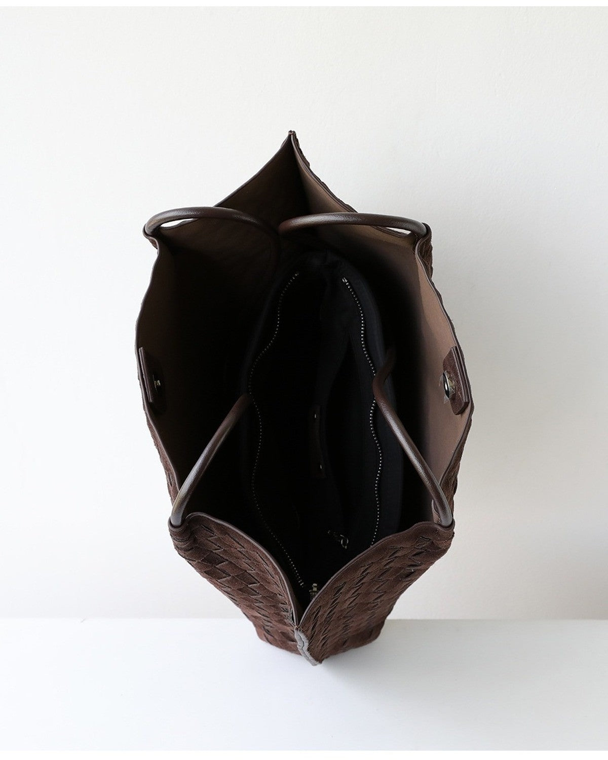 Wildfool The Perugia Woven Tote in Chocolate, top view, open
