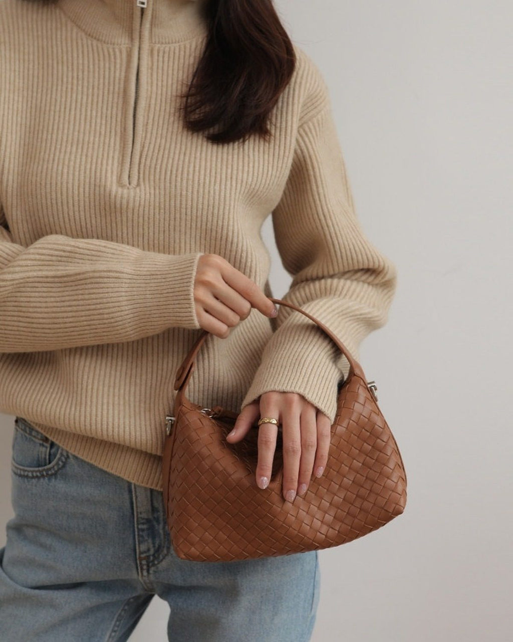 Wildfool The Parma Woven Mini Hobo in Caramel, carried by hand (2)