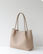 Wildfool The Vicenza Woven Tote in Sand, three-quarter view