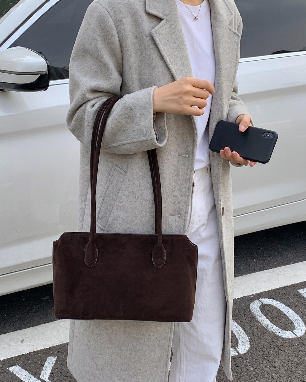 Wildfool The Padova Shoulder Tote in Espresso, worn on the shoulder