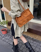 Wildfool The Urbino Patchwork Tote in Caramel, worn on the shoulder