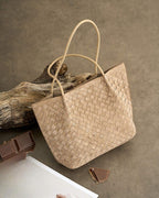 Wildfool The Perugia Woven Tote in Taupe, three-quarter view (2)